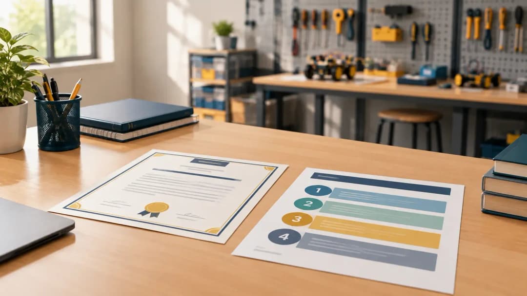 A school skill lab coordinator reviewing a certificate and a qualification framework chart at a desk with lab tools in the background