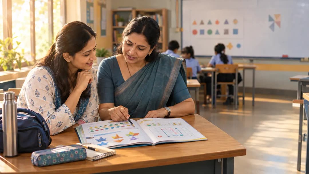 A parent and a Class 5 teacher looking at a student's computational thinking workbook during a parent-teacher meeting